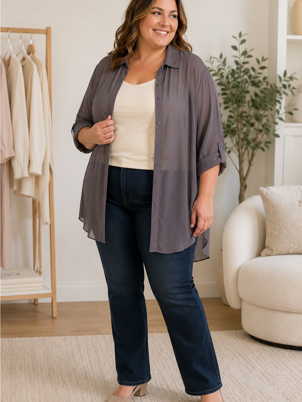 Maurices Sheer Button-Down Shirt in Gray